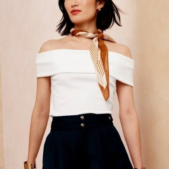 Women's Banana Republic Off The Shoulder Ribbed Top Blouse White Size LP - Picture 1 of 7